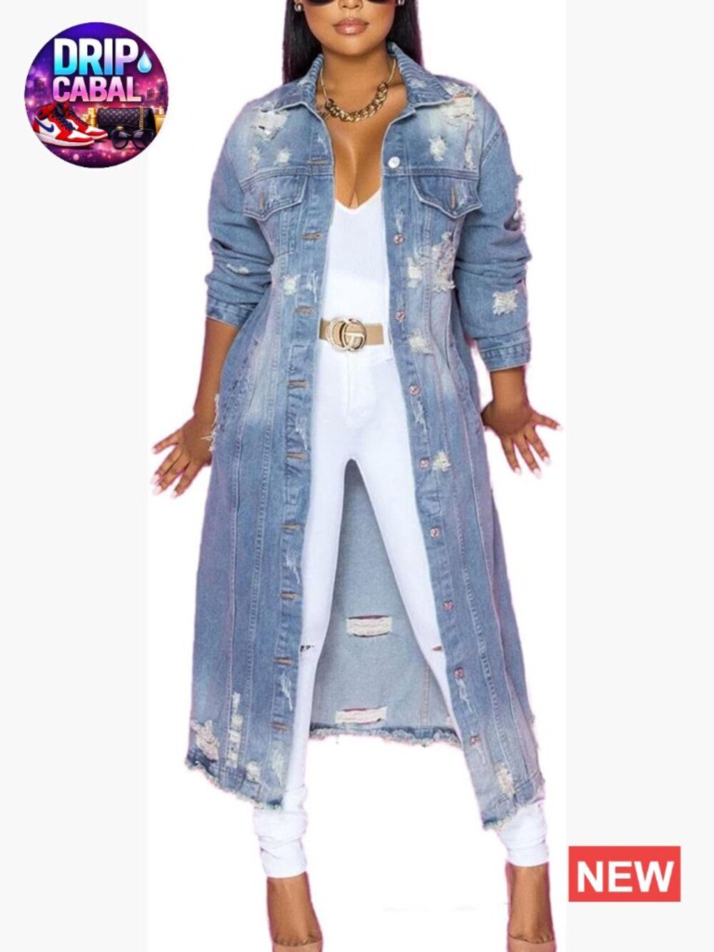 Ripped Distressed Washed Long Denim Jacket Trench Coat